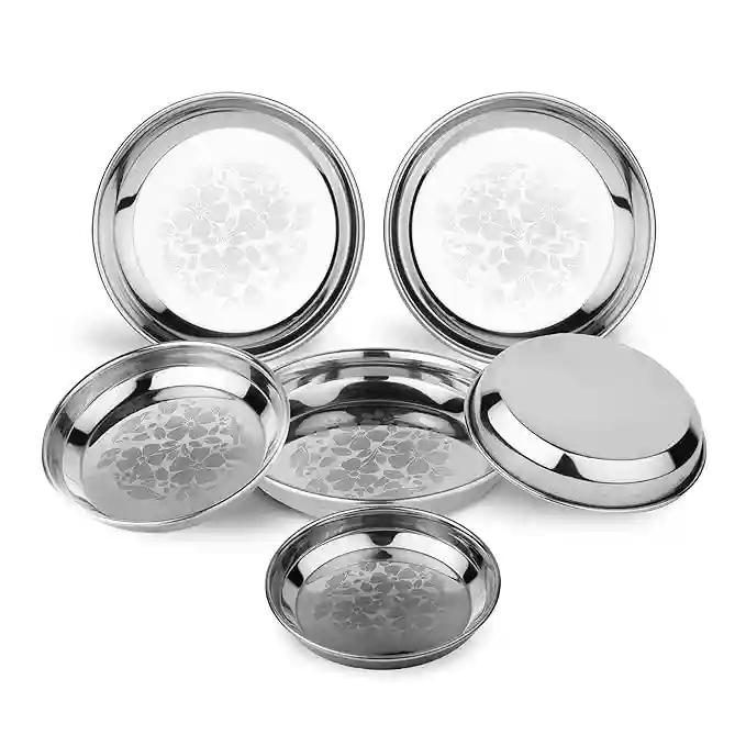 LiMETRO STEEL 6 Pieces Stainless Steel Halva Plates, Breakfast Plates, Serving Plates (Diameter : 16 cm , Laser Print)