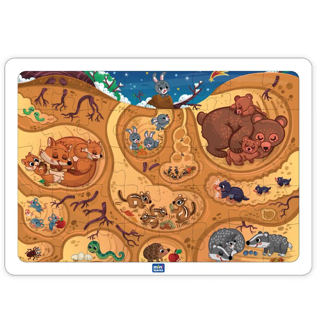 Mini Leaves Baby Animals & Burrow 35 Piece Wooden Puzzle for Kids