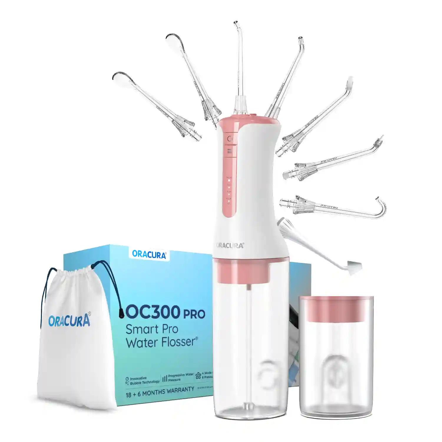 ORACURA OC300 Dental PRO Smart Pro Water Flosser Peach With 8 Nozzle Tips