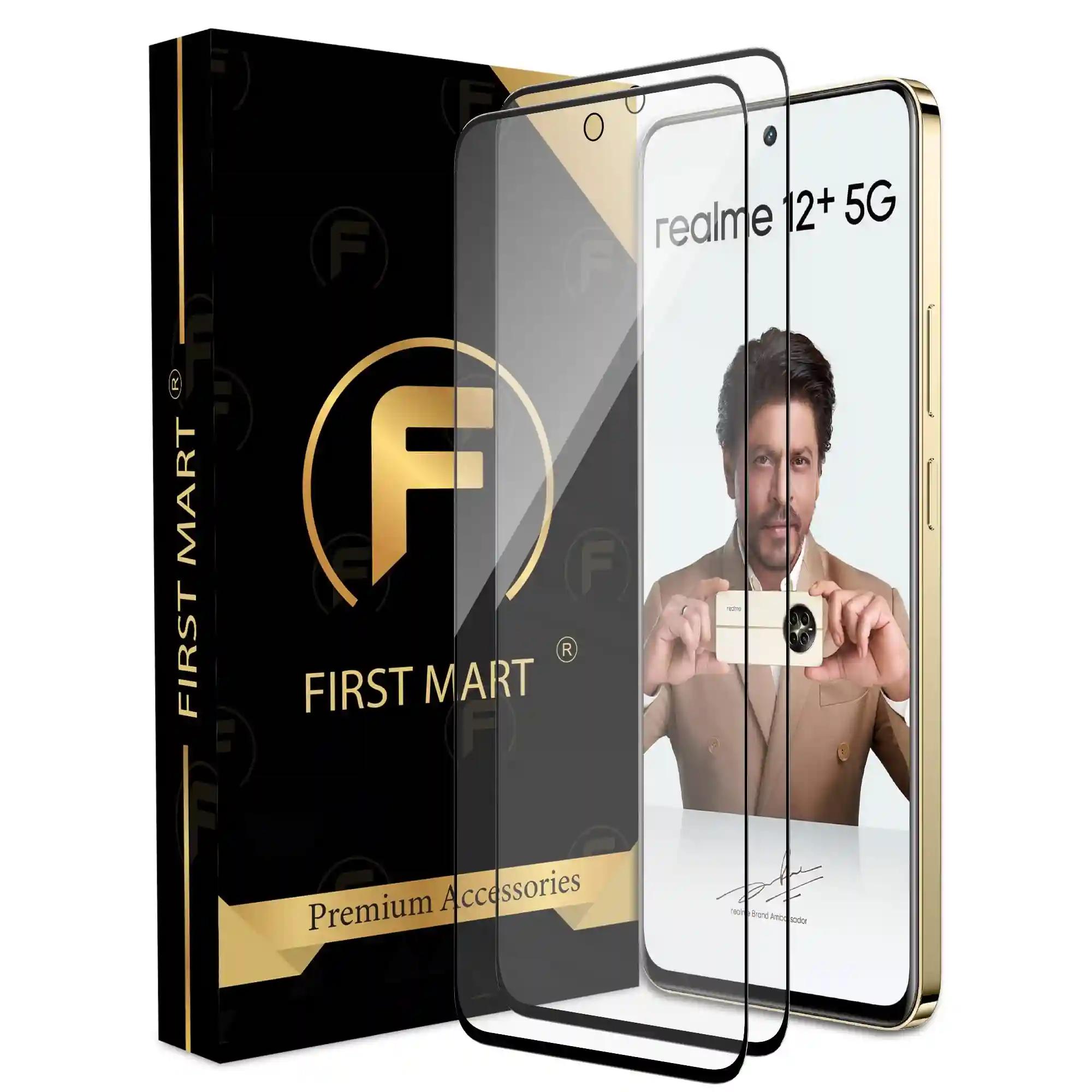 FIRST MART Premium Tempered Glass for Realme 12 Plus 5G with Edge to Edge Coverage and Easy Installation Kit, Pack of 2