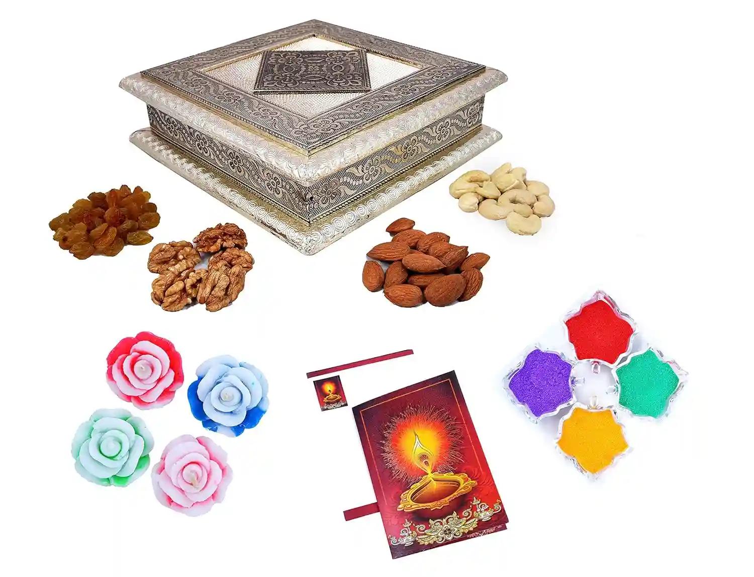 MANTOUSS Diwali Oxidised Dry Fruit Hamper/Pack/Combo-Cashew,Almond,Walnut and Raisin (50gms Each) 200gms + 2 Floating Diya, Diwali Greeting Card and Rangoli Colours