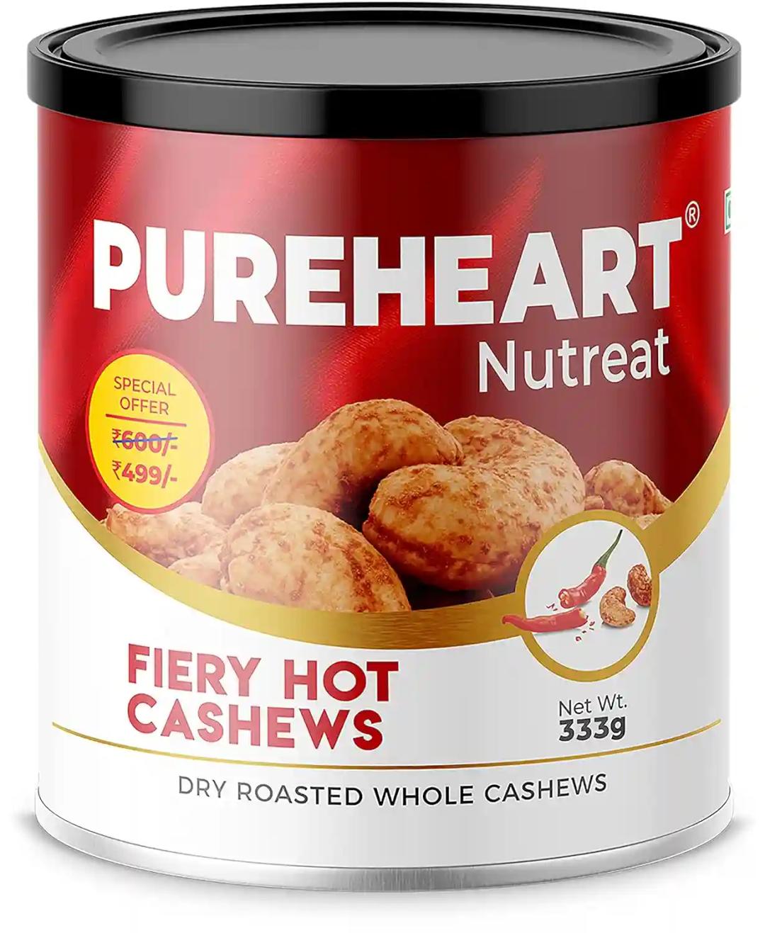 PUREHEART Nutreat Fiery Hot Cashews (333 Gm) Natural Premium Spicy Roasted Whole Cashew Nuts/Kaju Dry Fruit, Crunchy & Delicious Chili Cashews, Pack of 1