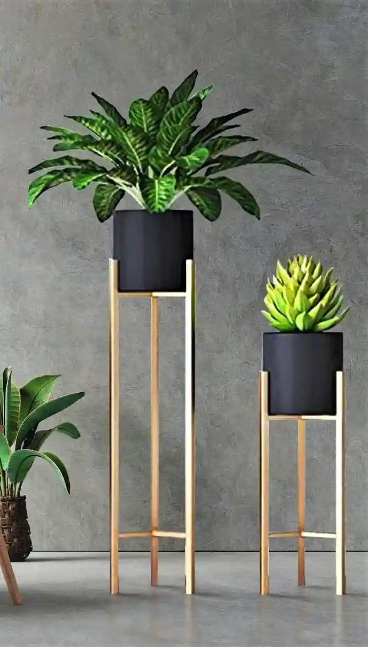 AMASS HANDICRAFTS® Modern Metal Floor Flower Stands Planter for Living Room Bedroom Display Plant Stand Tall Indoor Plant Stand with Planter Pot - Set of 2 (Black)