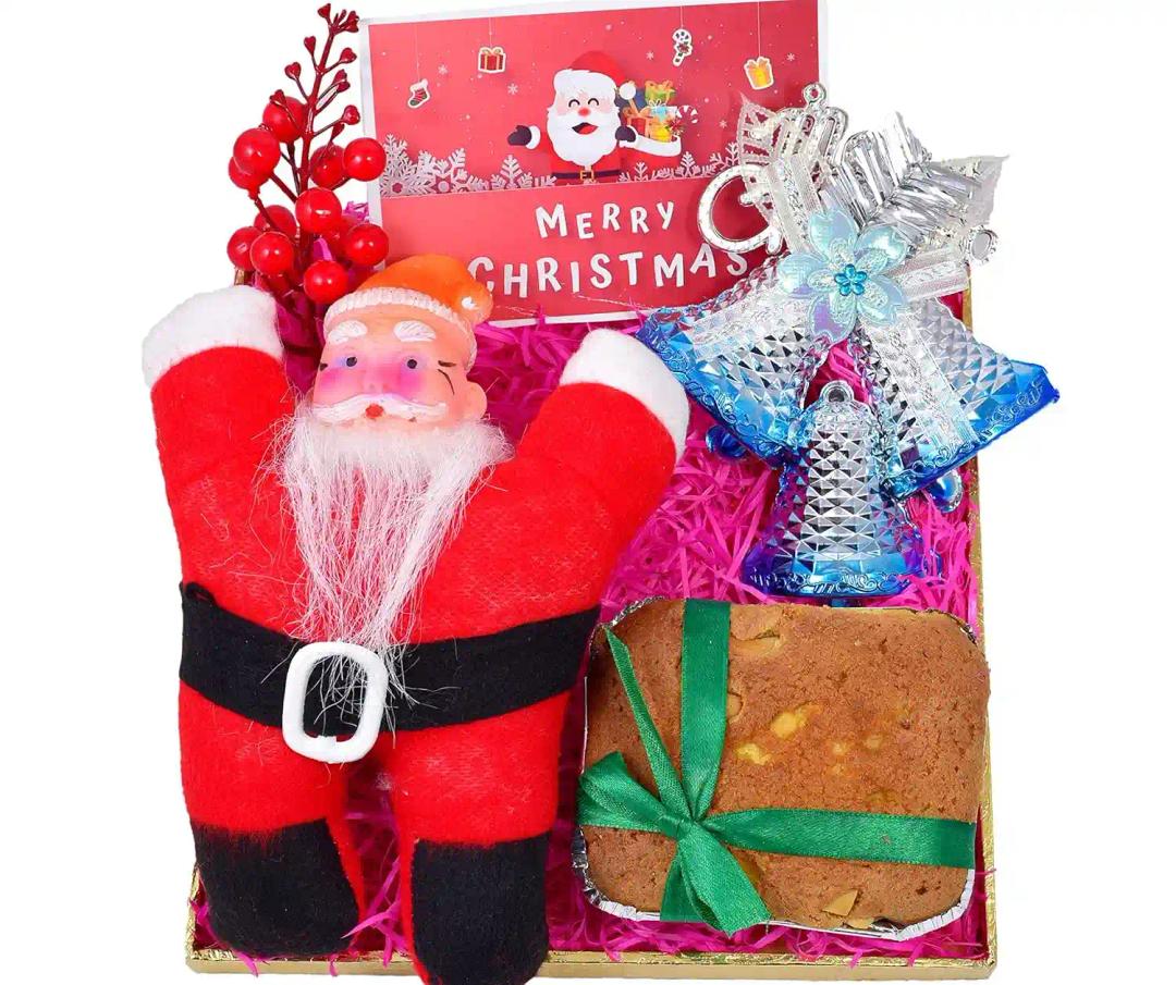 Christmas Cake/Christmas Gifts for Kids/Christmas Gift for Friends/Christmas gifts-150gms Cake+Santa Claus Soft Toy+A Bunch of Cherry+Christmas Themed Decorative Bells+Christmas Greeting Card