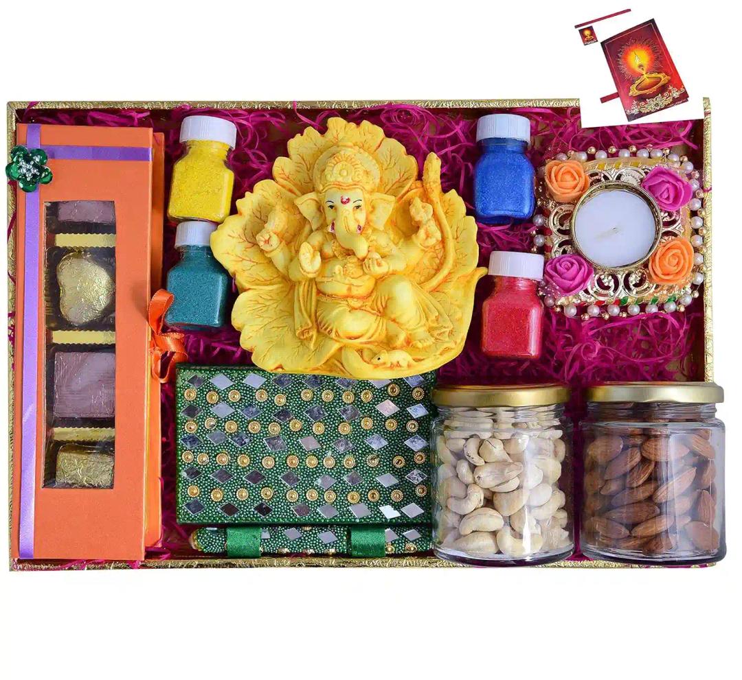 MANTOUSS Diwali dry fruits gift pack/Diwali dry fruits gift hamper-Rectangle tray+jar of almond and cashew(100gms each)+chocolate box+Patta ganesha+designer diya+handmade diray and pen+rangoli colours