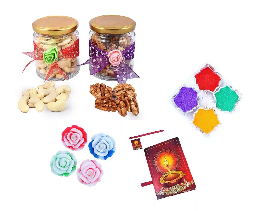 MANTOUSS Diwali Dry Fruit Decorative Glass Jar-Cashew and Walnut(100gms Each),200 GMS + 2 Floating Diya, Diwali Greeting Card and Rangoli Colours