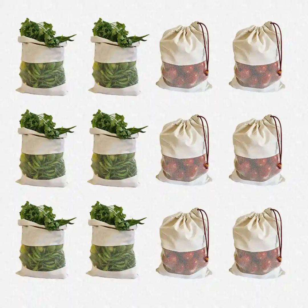 Fab Ellite Cotton Vegetable Bags Fridge Storage Bag Sabji Fruits Pouch Refrigerator Produce bags Clothe Muslin Reusable Washable with Drawstrings. (COT VEG 12 PCS)