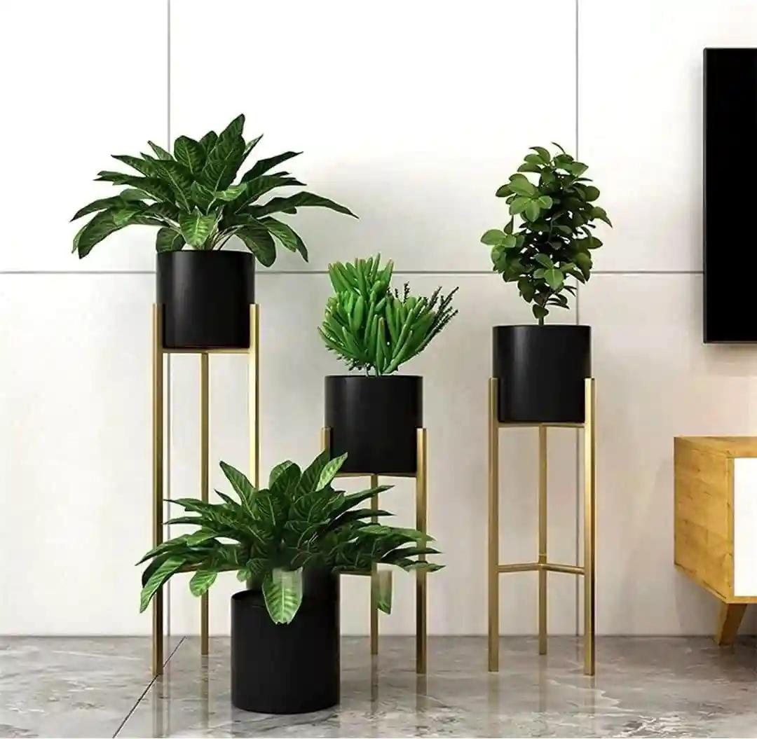 AMASS HANDICRAFTS Modern Metal Floor Flower Stands Planter For Living Room Bedroom Display Plant Stand Tall Indoor Plant Stand With Planter Pot - Set Of 3 (Black)