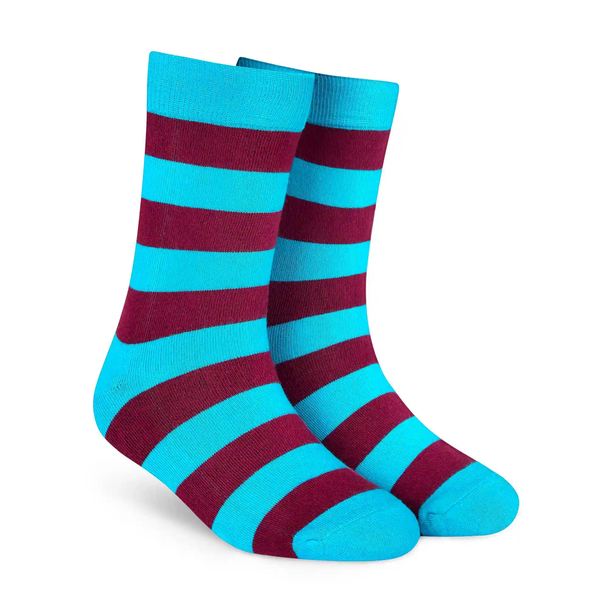 DYNAMOCKS Men's and Women's Combed Cotton Stripes Crew Length Socks (Pack of 1) (Multicolour, Free Size)-Crew_Bold_Stripes_3.0_Aqua_Maroon