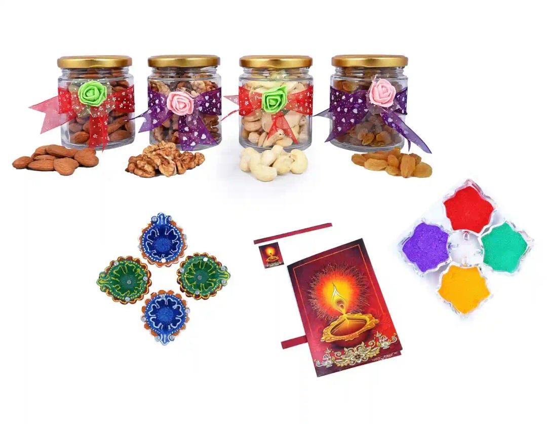 MANTOUSS Exclusive Diwali Dry Fruit Decorative Glass Jar-Cashew,Almond,Walnut and Raisin (100gms Each),400 GMS + 2 earthern Diya, Diwali Greeting Card and Rangoli Colours