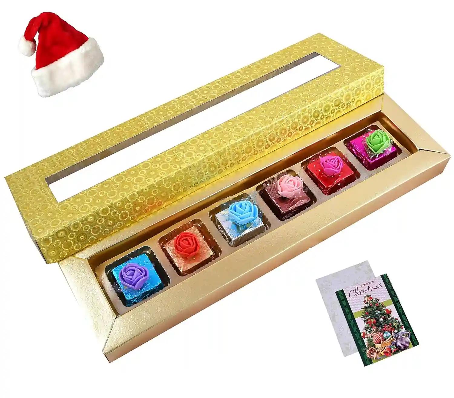 MANTOUSS Christmas Gift-Golden Designer Christmas Chocolate Box/Hamper+ Merry Cristmas Greeting Card+Santa Cap