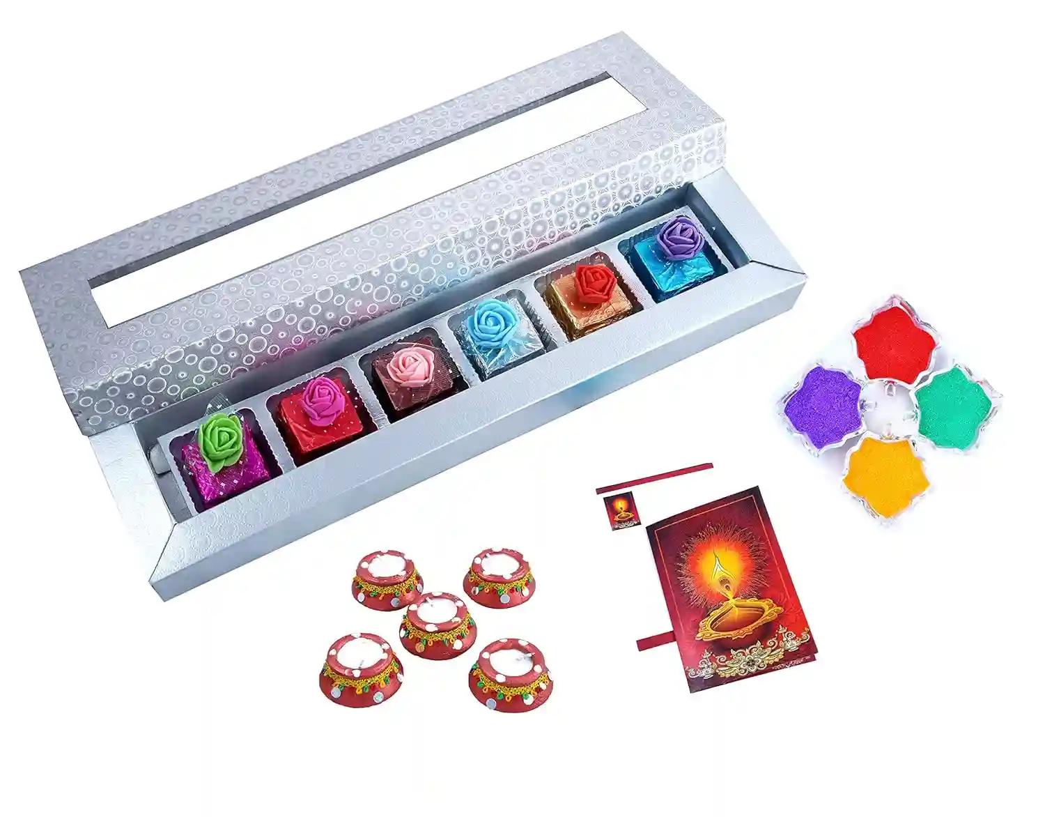 MANTOUSS Deepawali Luxury Chocolate Hamper (Silver) + 2 Matki Wax Filled Diya, Diwali Greeting Card and Rangoli Colours