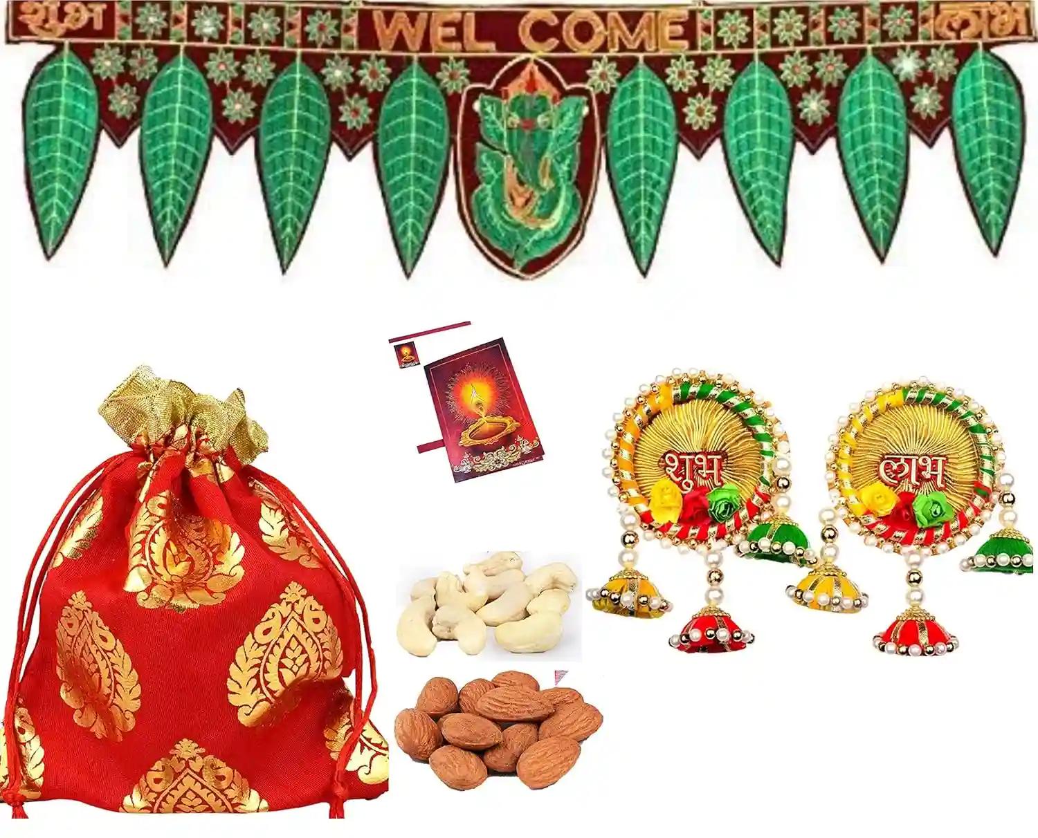 MANTOUSS Diwali Celebrations Gift Hamper/Diwali Gift Box-Designer potli with Almond and Cashew+Ganesha toran/bandherwal for Home Decor+Shubh labh Door Hanging+Diwali Greeting Card