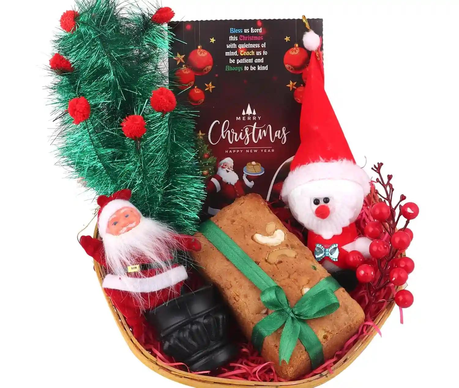 Christmas gift/Christmas cake gift/christmas gift box/christmas gift hamper/Christmas basket-Christmas cake+santa clause soft toy+snow santa+Christmas tree+Christmas greeting card