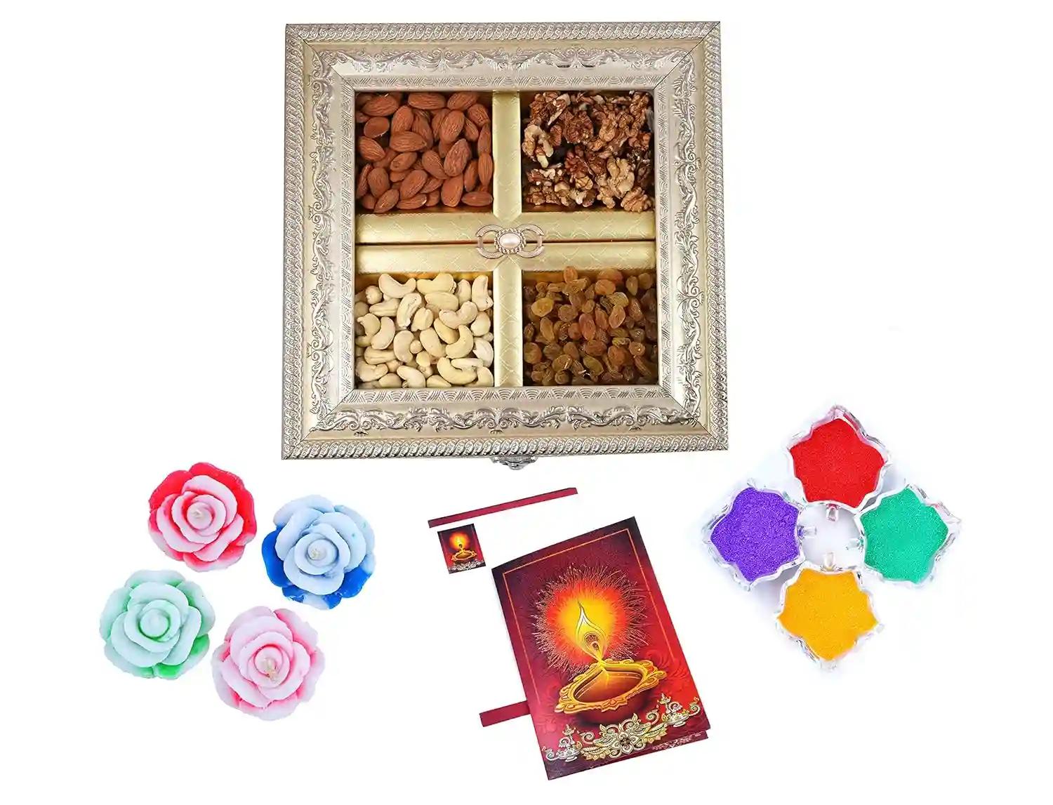 MANTOUSS Diwali Dry Fruit Combo-Cashew,Almond,Walnut and Raisin (100gms Each) 400gms + 2 Floating Diya, Diwali Greeting Card and Rangoli Colours