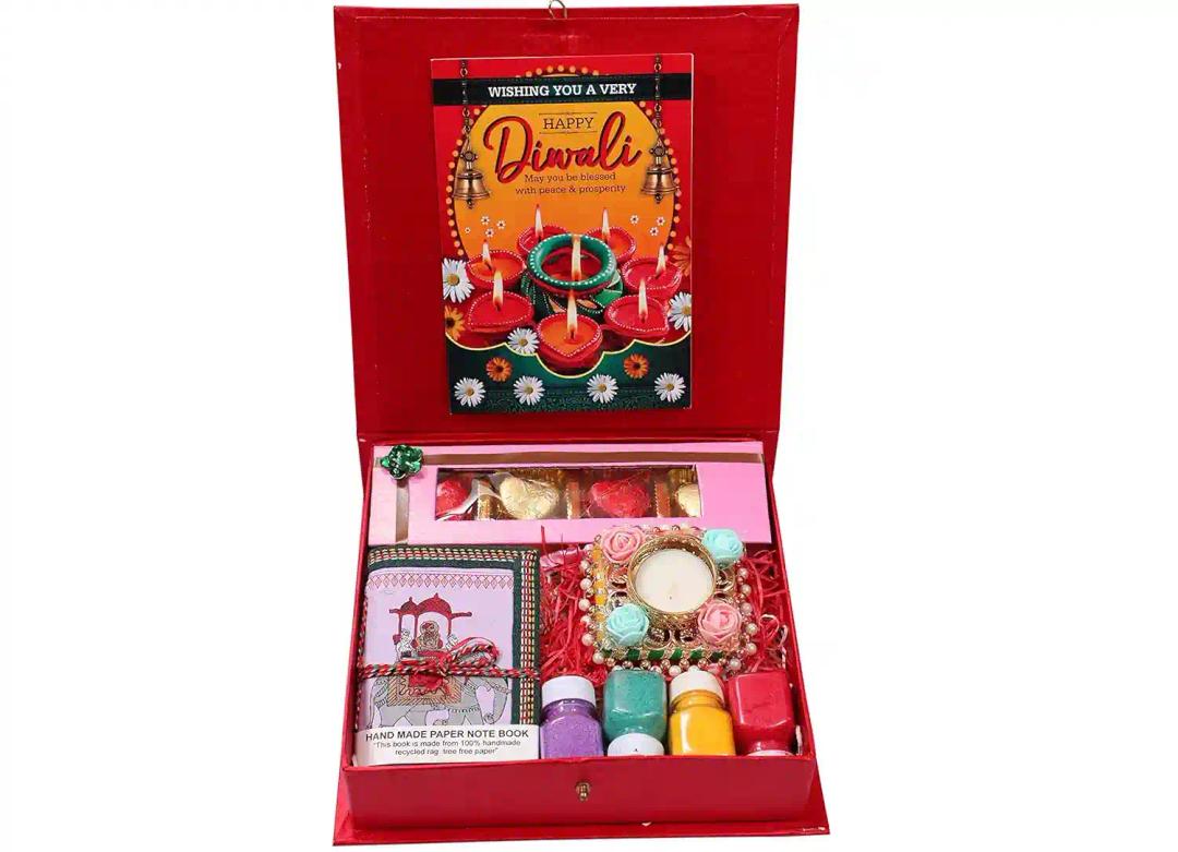 Diwali gift hamper/Diwali chocolate gift pack/Diwali gift items/Diwali gift combo-designer tray+Handmade Chocolate box+1 designer diya+handmade diary+rangoli colours +Diwali greeting card