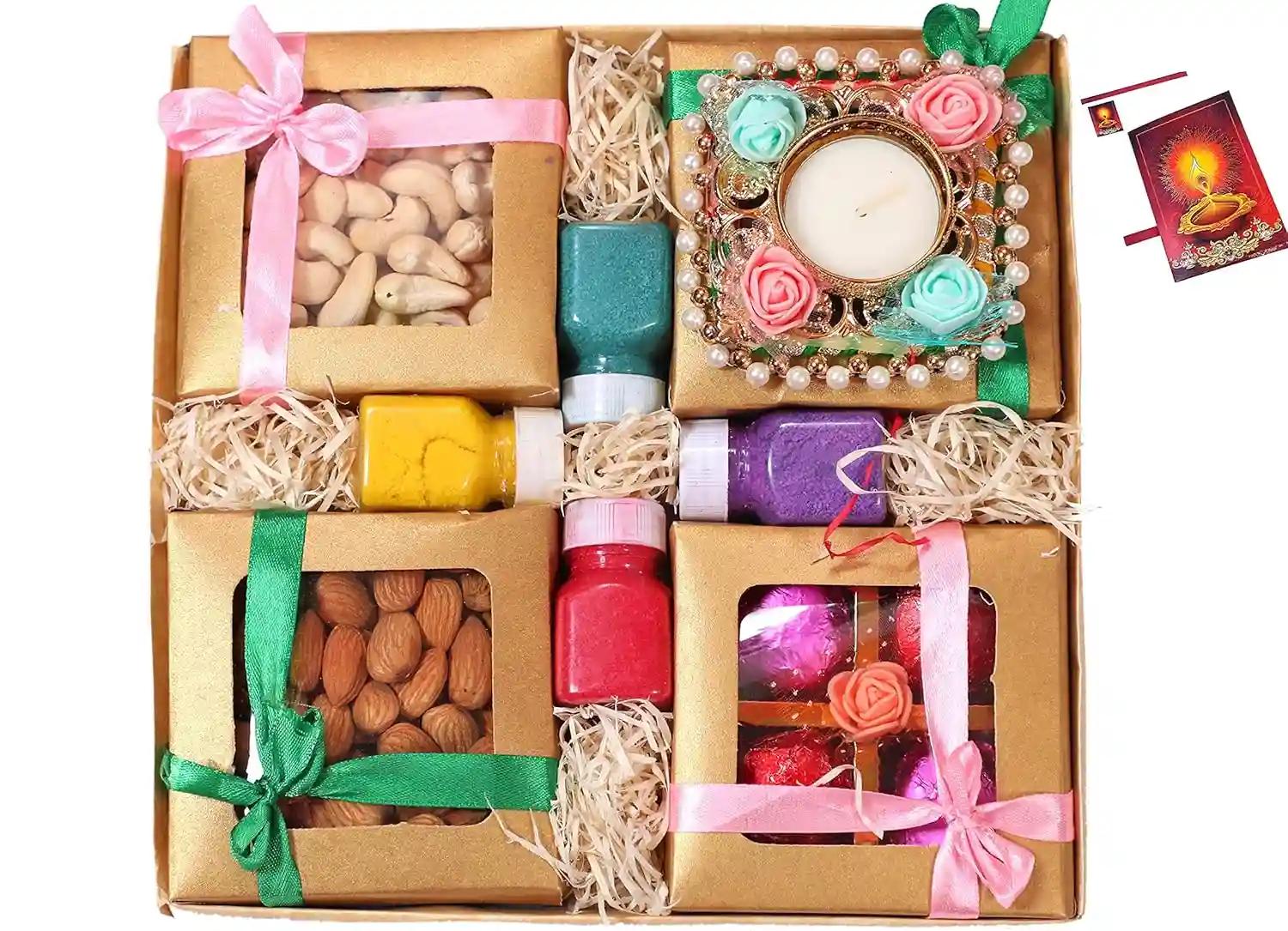 Diwali dry fruits tray/Diwali dry fruits gift hampers/Diwali gift hampers-50gms almonds+50gms cashew+1 handcrafted chocolate box+1 designer diya with tealight+rangoli colours+Diwali Greeting card