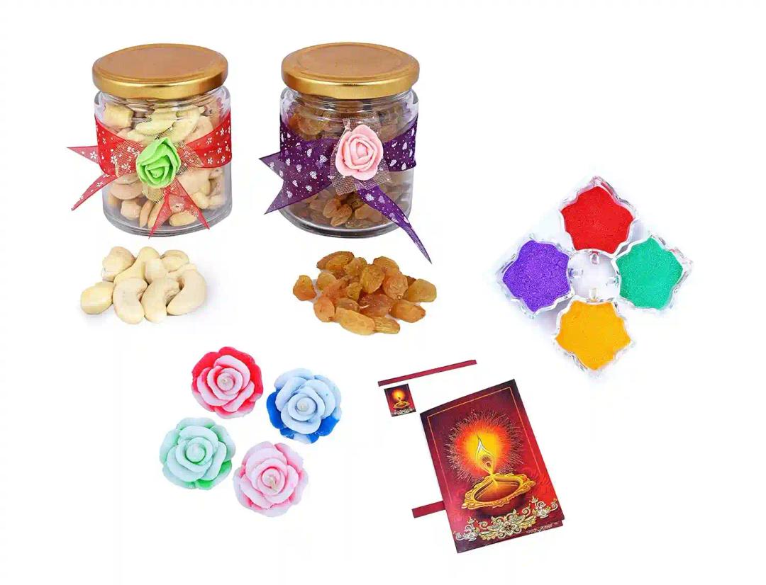 MANTOUSS Diwali Dry Fruit Decorative Glass Jar-Cashew and Raisins(100gms Each),200 GMS + 2 Floating Diya, Diwali Greeting Card and Rangoli Colours