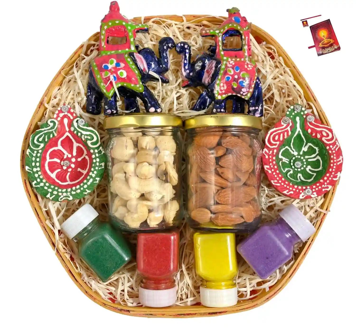 Diwali dryfruit nut and seed box/diwali dry fruits tray/diwali dry fruits hamper-decorated basket+2 Jars of Dry Fruits(Almond and Cashew)+set of 2 elephant for decor+2 diya+Rangoli Colours+Diwali Card