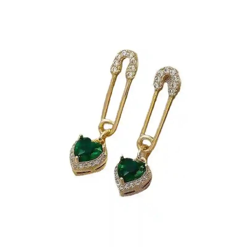 Safety Pin with Green Heart Design Earring