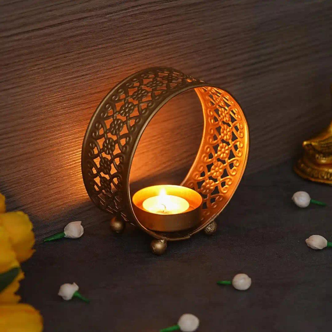 WEBELKART Premium Handcrafted Ring Shape Table Tealight Candle Holder for Home and Festival Decor with Bonus tealight for Diwali and Christmas Decorations (5 Inches, Gold)