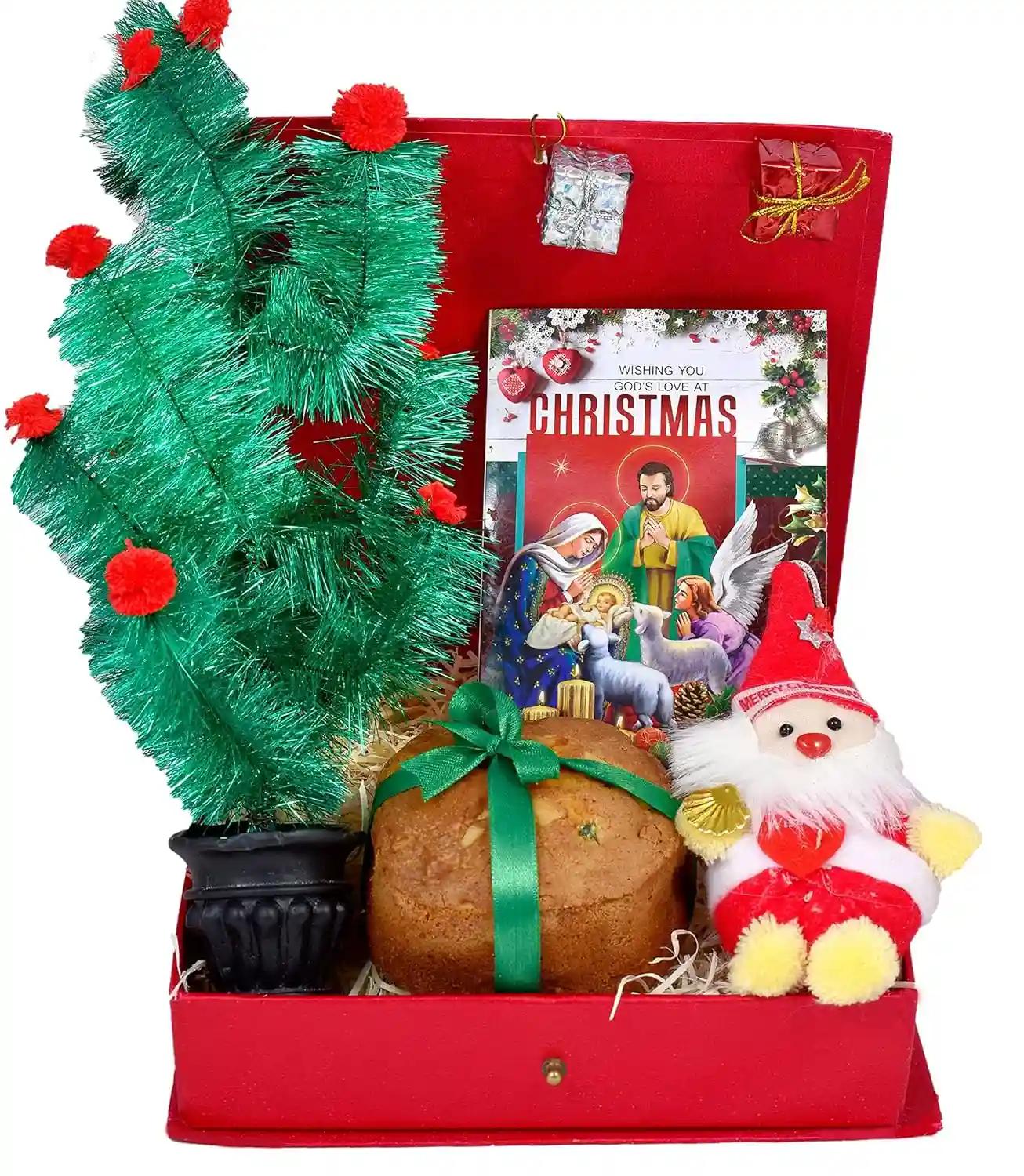 Corporate Christmas Gifts for Employees/Christmas Corporate Gift/Christmas Gift Hamper/-Decorated Box+200 GMS Cake+Christmas Tree+Santa Claus Soft Toy+Christmas Tree Decorations+Christmas Card