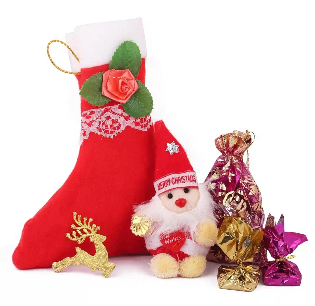 Christmas gift for kids/christmas gift for family/sectret santa gift/christmas chocolates-Decorated socks filled with chocolates, soft toy, christmas tree decoration items and christmas card