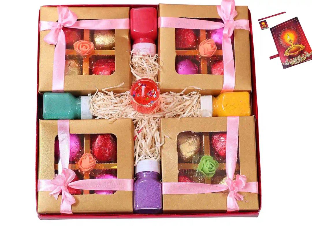 Diwali gifts for friends and family/Diwali gift for employees/Diwali gift items for corporate employee-4 boxes of Handcrafted Chocolates+gel filled glass candle+rangoli colours+Deepawali greeting card