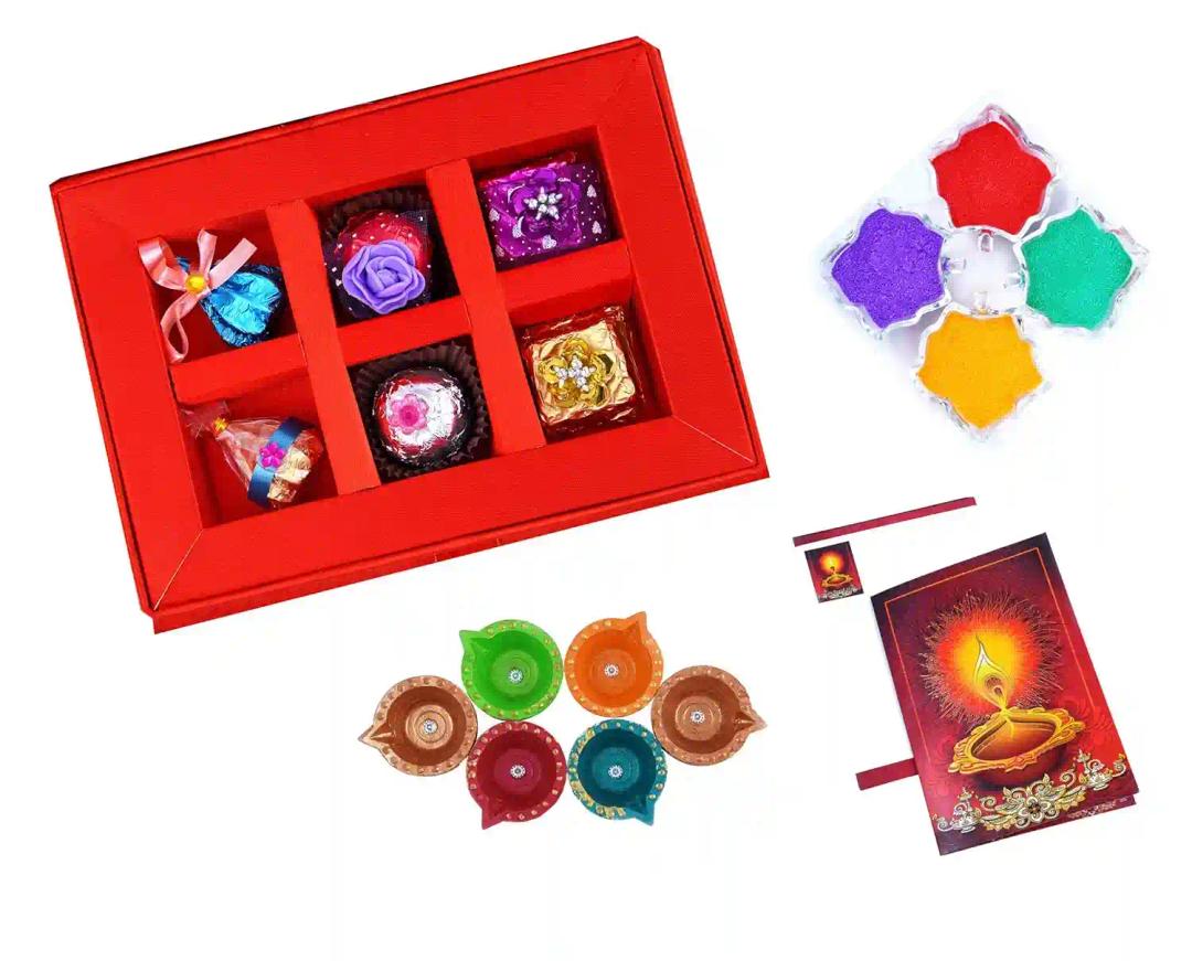 MANTOUSS Diwali Chocolate Gift in Premium Red Satin Box + 2 Cute Diya, Diwali Greeting Card and Rangoli Colours