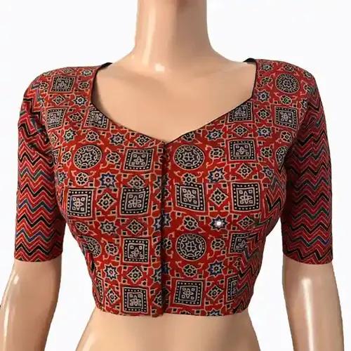 Ajrakh Cotton Sweetheart neck Blouse - Multicolor S