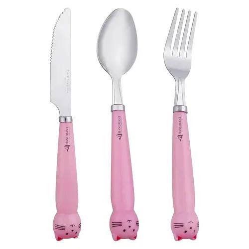 H HANUMANT ENTERPRISE Kids Silverware with Plastic Handle | Childrens Safe Flatware | Kids Utensils Stainless Steel | Spoon + Fork + Knife Set | 18+ Months | 3 Pieces | Pink