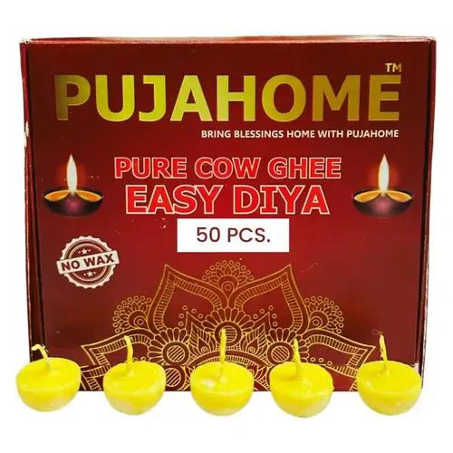 Pujahome Cow Ghee Cotton Wicks Wax Free Diya Batti for Daily Puja Readymade Ghee Diya Batti Easy to Use Long Lasting (50 Pieces Per Pack, Pack of 1)