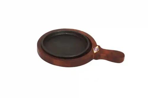 HAZEL Sizzling Brownie Sizzler Plate with Wooden Racket & Iron Plate Round, 7 inch, 2 Piece Set, Brown & Black