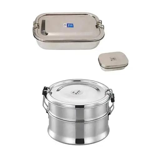 Jvl Stainless Steel Rectangular Single Layer Lunch Box With Small Container & Big Round Double Layer Lunch Box With Inner Plate Not Leak Proof - Pack Of 2