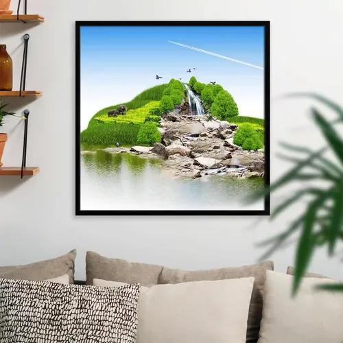 ArtzFolio Island With Vegetation & A Waterfall | Premium Canvas Painting for Bedroom & Living Room | Black Wood Frame | 28 x 28 inch (71 x 71 cms)