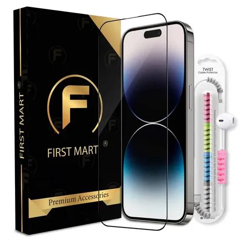 FIRST MART Premium Tempered Glass for iPhone 14 Pro Max with Edge to Edge Coverage and Cable Protector and Easy Installation Kit, Pack of 1