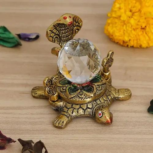 WEBELKART Premium Gold Metal Cystal Ball and Naag Devta with Kachua Showpiece Antique Naag Mani Showpiece for Home and Pooja Room | Diwali Corporate Gifting| Diwali Gifting Items