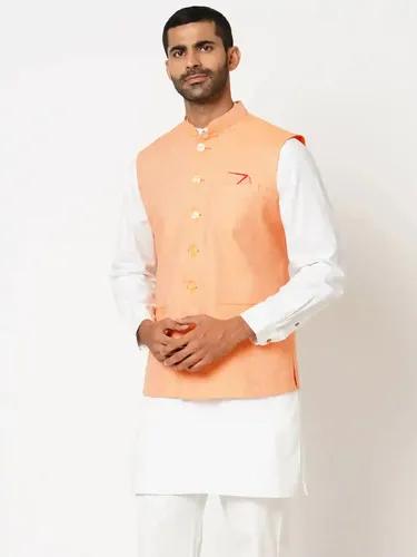 Indivisual Men's Two tone Dobby Peach Apricot Nehru Jacket - S(Peach)