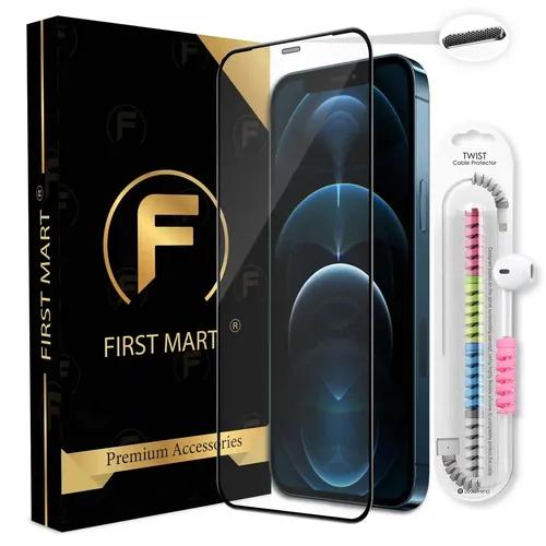 FIRST MART Premium Tempered Glass for iPhone 12 Pro/iPhone 12 Edge to Edge Screen Coverage, Speaker Mesh Dust Filter & Cable Protector with Easy Installation Kit