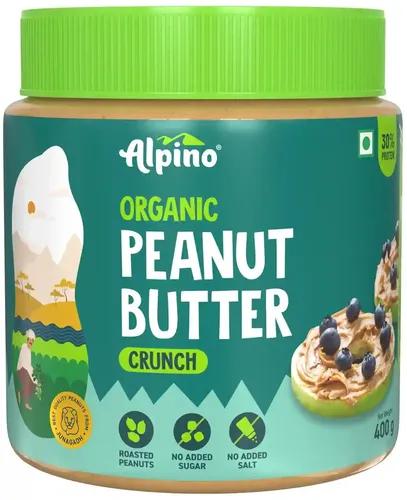 Alpino Health Foods Organic Natural Peanut Butter Crunch 400 G | 30% Protein | Made with 100% Organic Peanuts | No Added Sugar & Salt | Plant Based Protein Peanut Butter Crunchy