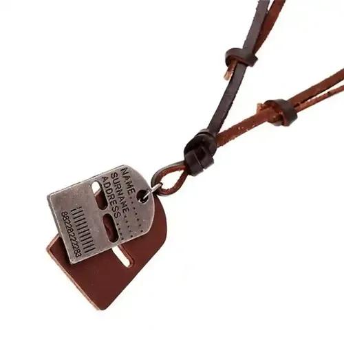 Leather Necklace with Double Tag Design Pendant