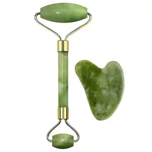 KHUSHIYA ENTERPRISE Facial Massager Jade Roller & Gua Sha Tool Natural Himalayan Stone for Face Neck Healing Skin Wrinkles & Serum Application (JADE-STONE WITH GUASHA HEART SHAPE)