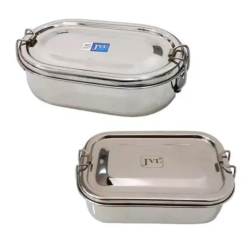 Jvl Stainless Steel Rectangular Single Layer Lunch Box With Inner Plate & Big Capsule Lunch Box Not Leak Proof - Pack Of 2