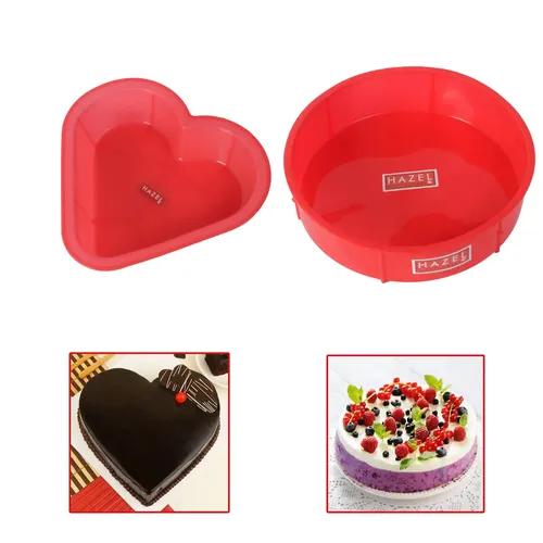 HAZEL Small Silicone Round and Heart Shape Cake Mould for Half Kg, 2 Pieces, Red