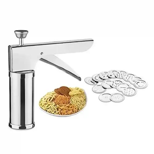 KHUSHIYA ENTERPRISE Stainless Steel Kitchen Press Sev Sancha with 15 Different Types of Jalies,Murukku Maker/Bhujiya Maker/Noodles/Cookies/Namkeen/Chakali Maker/Idiyappam/Sev Maker/Farsan Maker