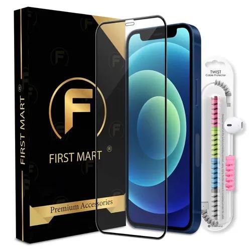 FIRST MART Premium Tempered Glass for iPhone 12 / iPhone 12 Pro with Edge to Edge Coverage and Cable Protector and Easy Installation Kit, Pack of 1