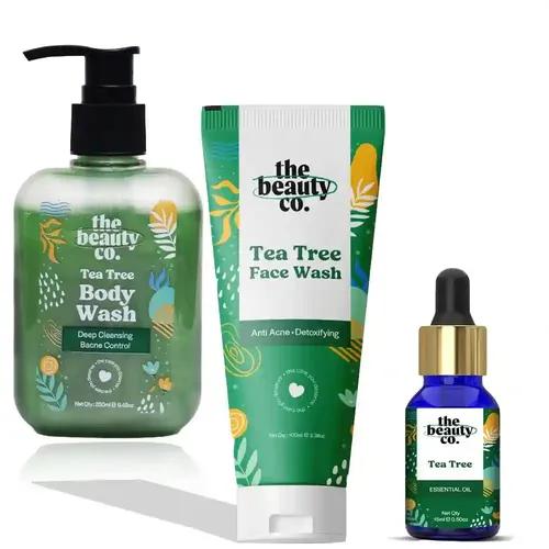 The Beauty Co Tea Tree Acne Control Collection Combo Kit | Pack of 3 (Face Wash 100 ml + Body Wash 250 ml + Essential Oil 15 ml | Bacne Control & Detoxifying | Clear Skin |