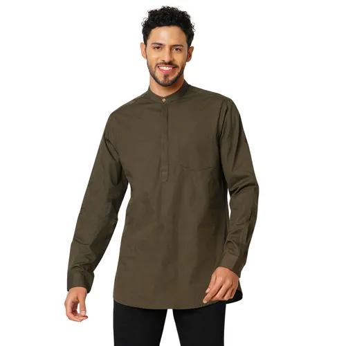 Indivisual Men's Premium Cotton Solid Olive Shirt Kurta - S