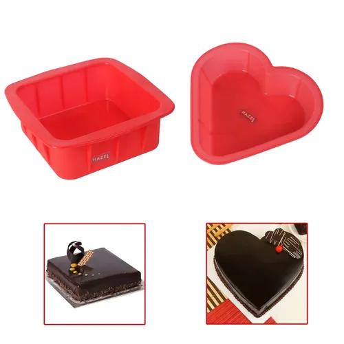 HAZEL Small Silicone Square and Heart Shape Cake Mould for Half Kg, 2 Pcs, Red