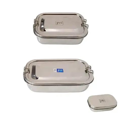 Jvl Stainless Steel Rectangular Single Layer Lunch Box With Inner Plate & Small Rectangular Lunch Box With Mini Container Not Leak Proof - Pack Of 2